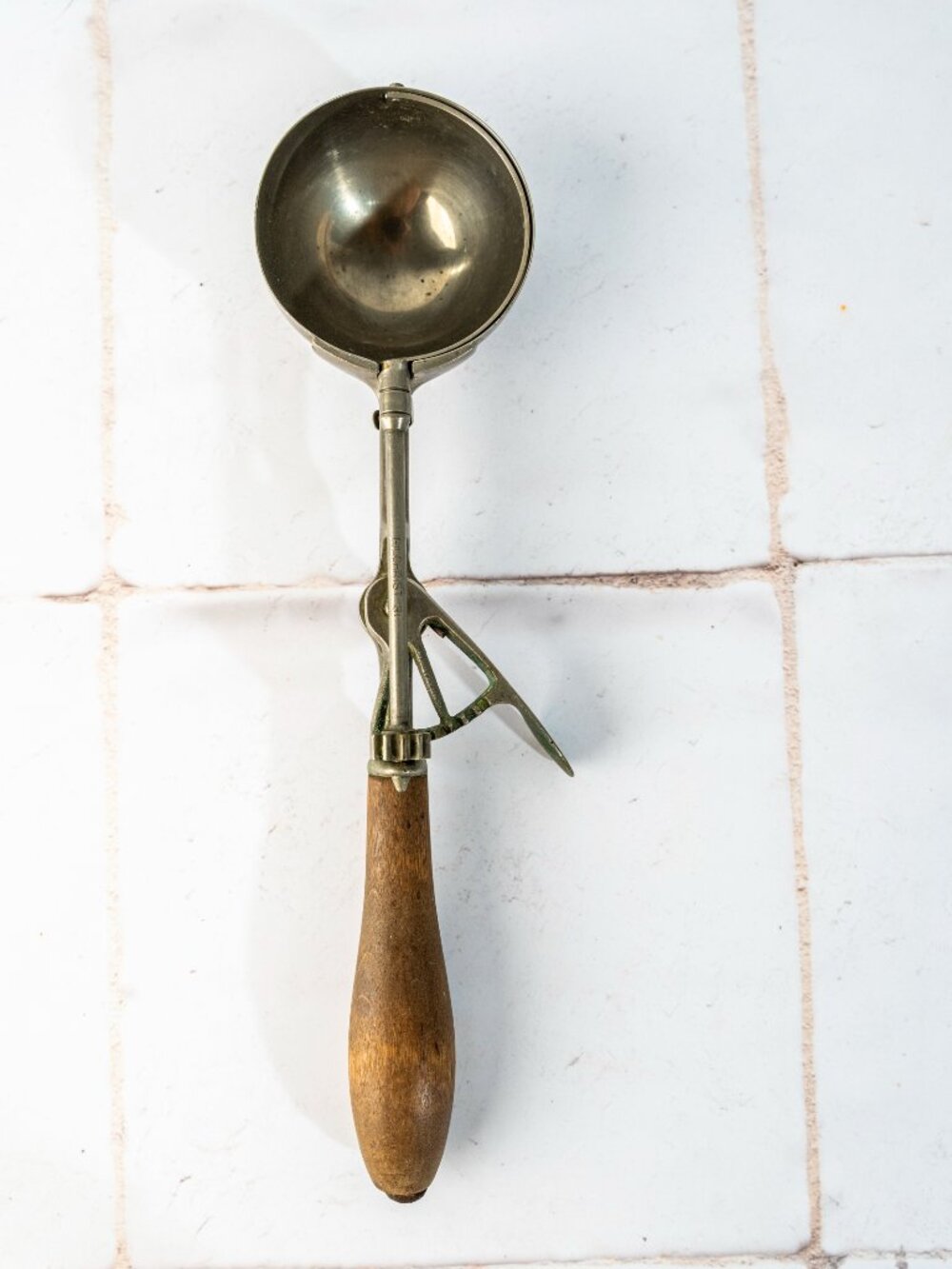Antique Tarnished Metal with Wood Handel Ice Cream Scoop